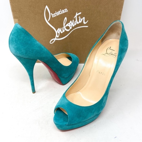 Christian Louboutin Troca 140 Genuine Suede Leather Peep Toe Heels Teel Sz 38.5 - Picture 2 of 9
